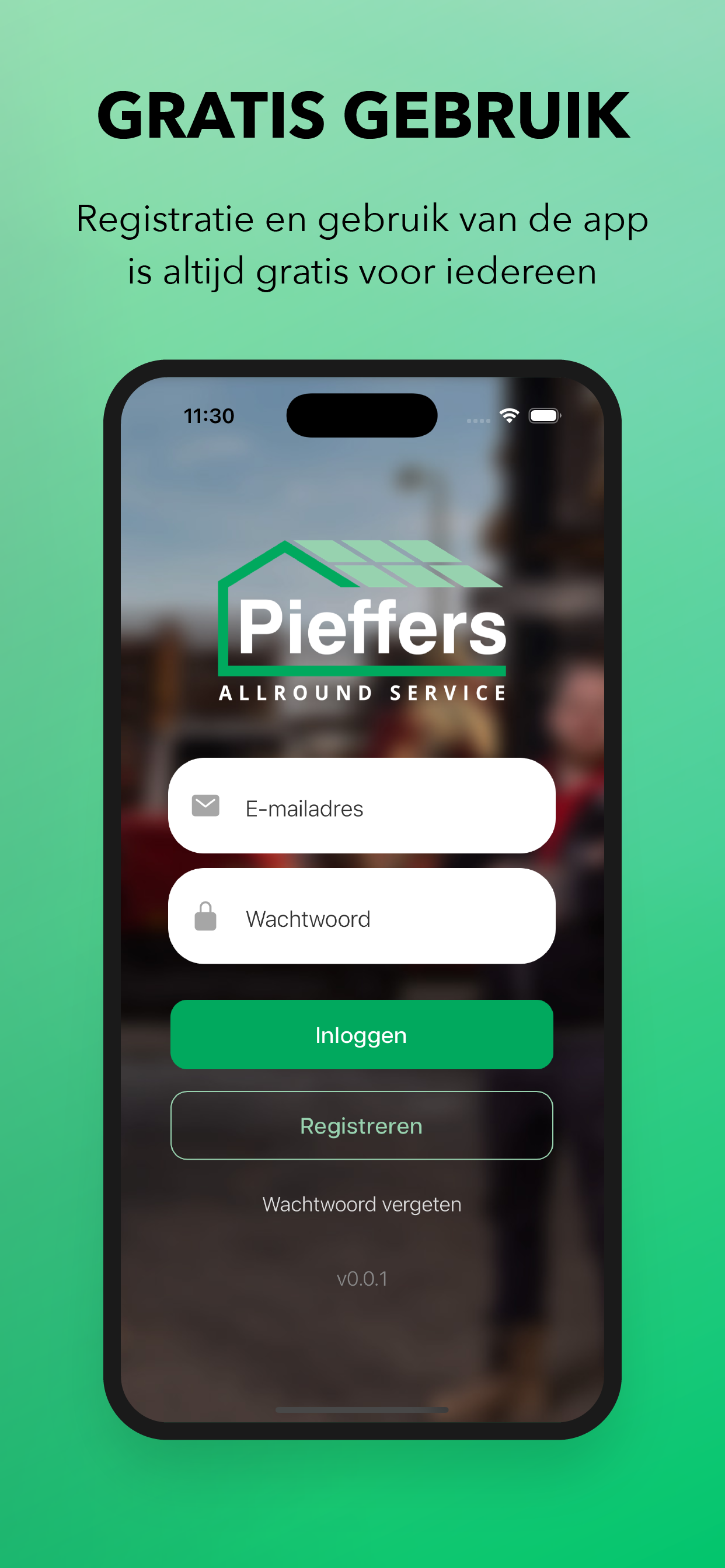 Screenshot van de Pieffers app: registratie en gebruik altijd gratis